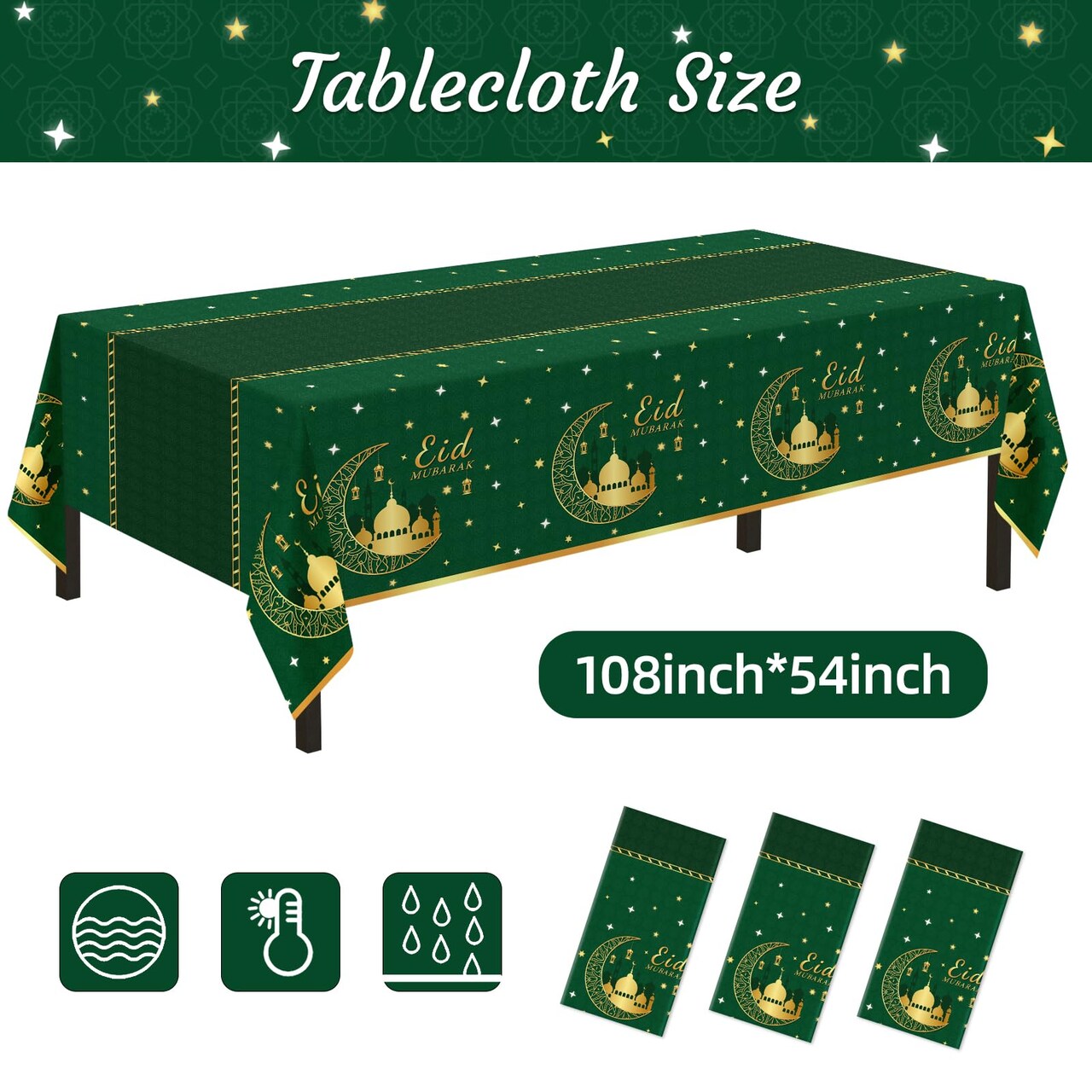 3 Pack Ramadan Mubarak Tablecloths for Eid Mubarak Decorations, 54" x 108" Plastic Disposable Happiness Ramadan Eid Al-fitr Party Table Covers for Rectangle Tables Ramadan Party Favors(Green)
